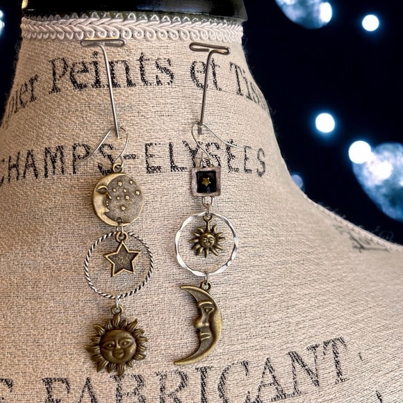 Boho Celestial Charm Earrings - Bronze and Silver toned Bohemian Boho Celestial - Picture 6 of 17